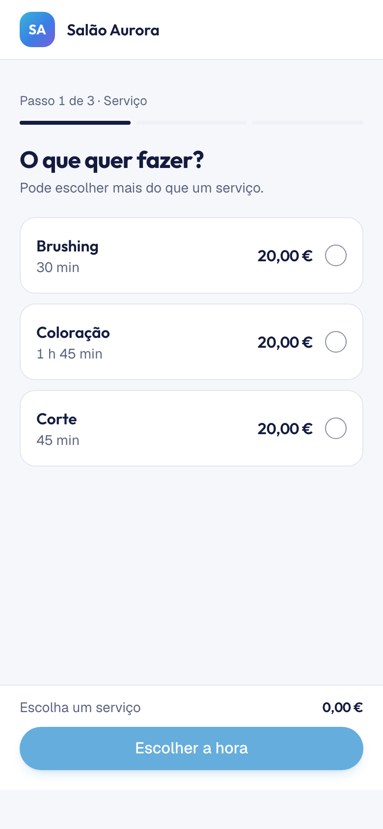 A página de reservas online do salão, no telemóvel